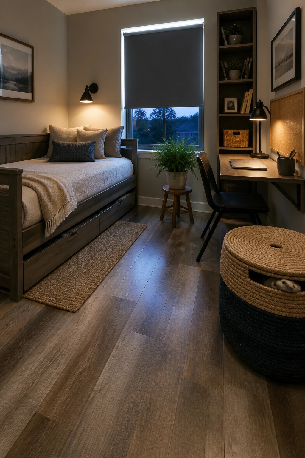 A bedroom interior showing wide plank laminate flooring in a medium wood tone, with a wooden bed frame, desk area, and window with roller shade.