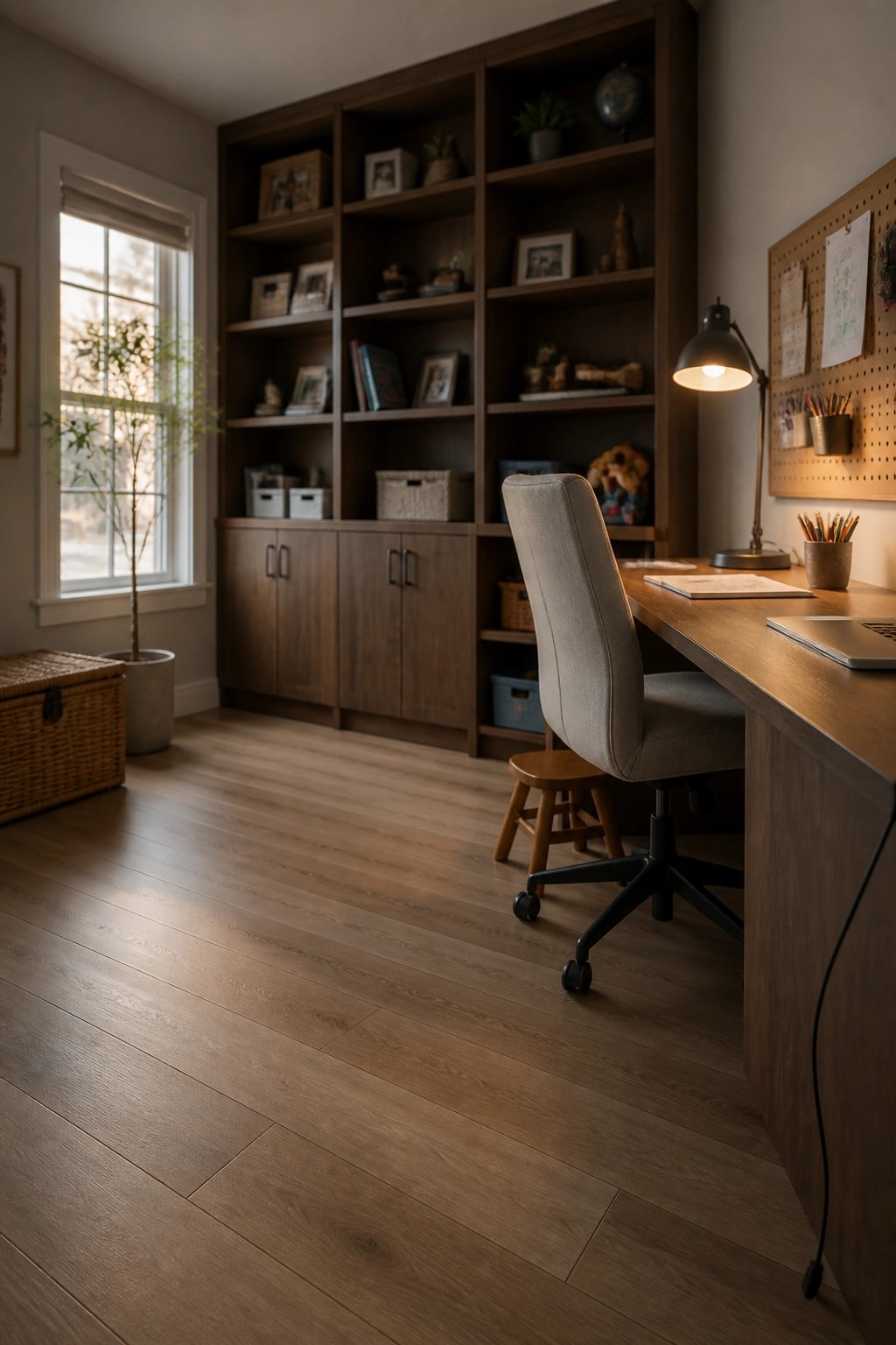 A home office featuring wood-look laminate flooring, a wooden desk with a lamp and laptop, an office chair, and built-in dark wood bookshelves.