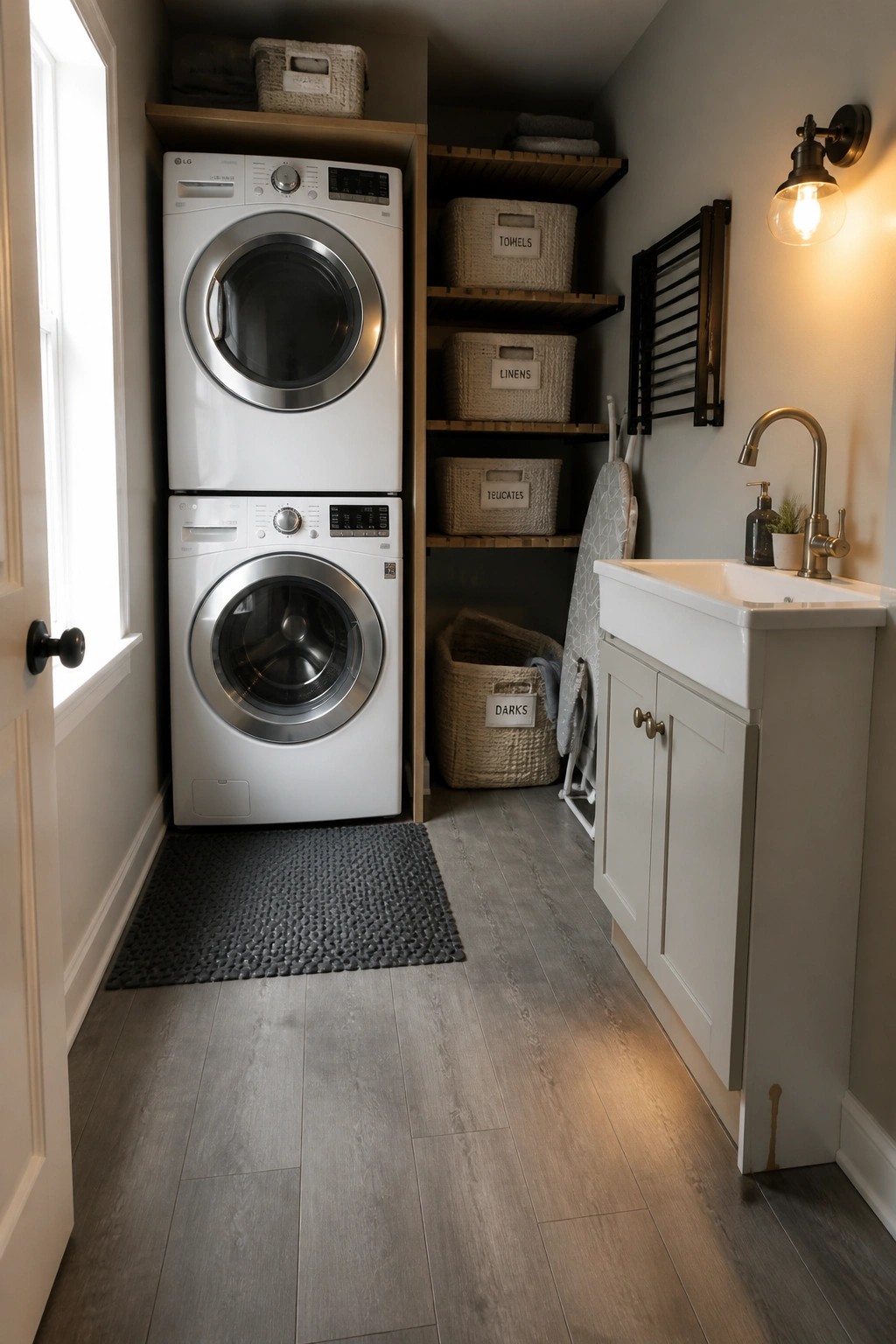 A narrow laundry room with stacked white LG washer and dryer, open wooden shelves holding labeled baskets, a white utility sink, and gray laminate flooring with a textured gray rug.