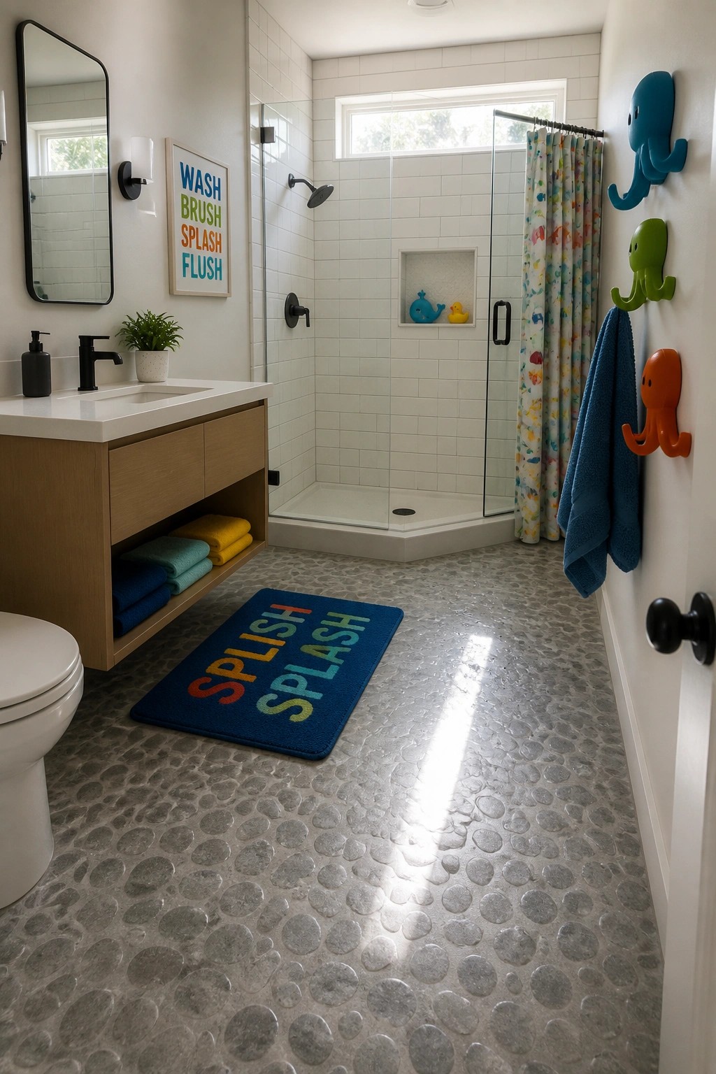 A family bathroom with gray pebble-patterned laminate flooring, a wooden vanity with towels, a white toilet, and a glass shower with colorful sea creature hooks.