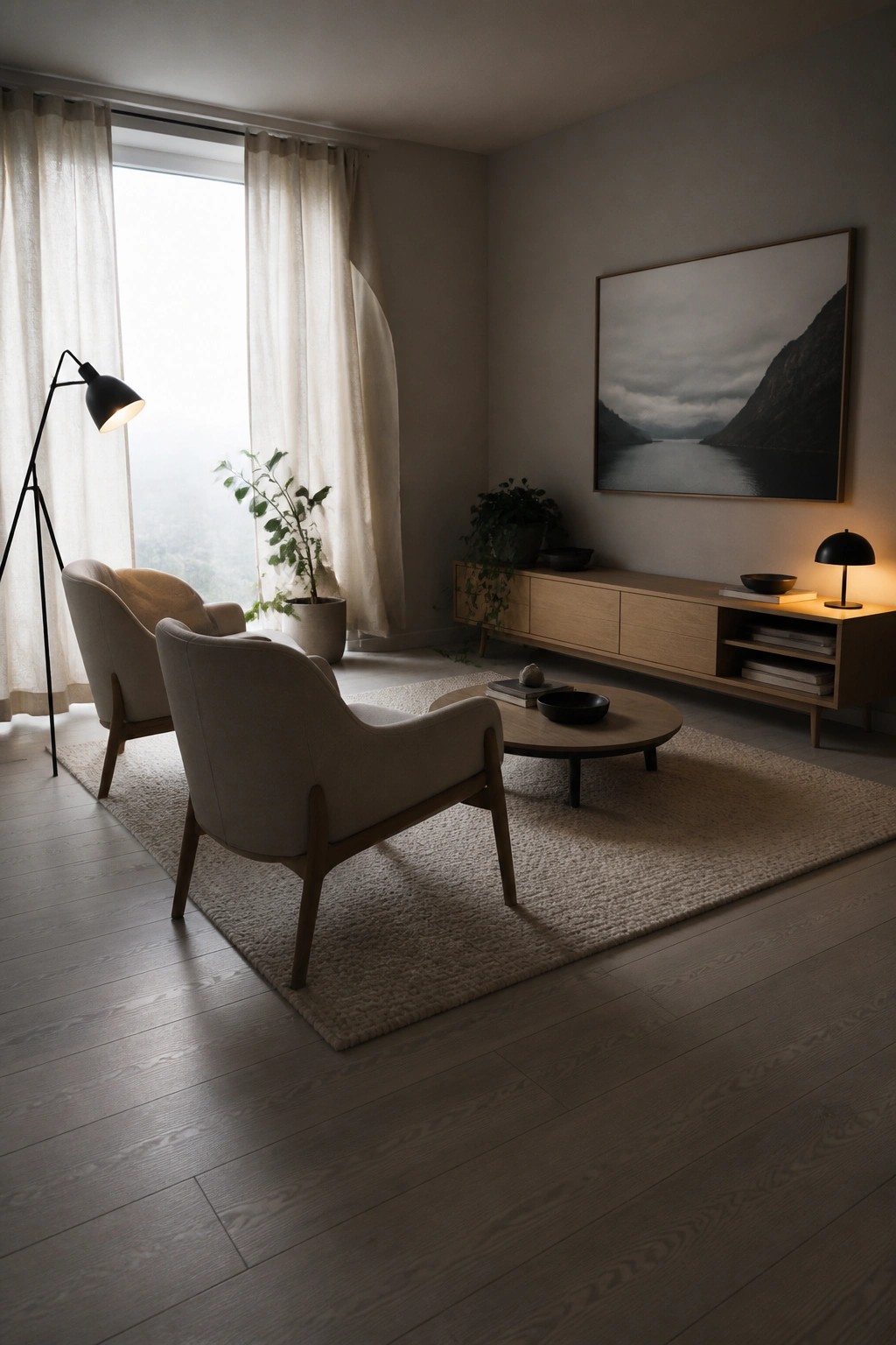 A living room with light laminate wood flooring, two upholstered armchairs on a beige rug, a round coffee table, and a long wooden media console beneath a large framed landscape print.