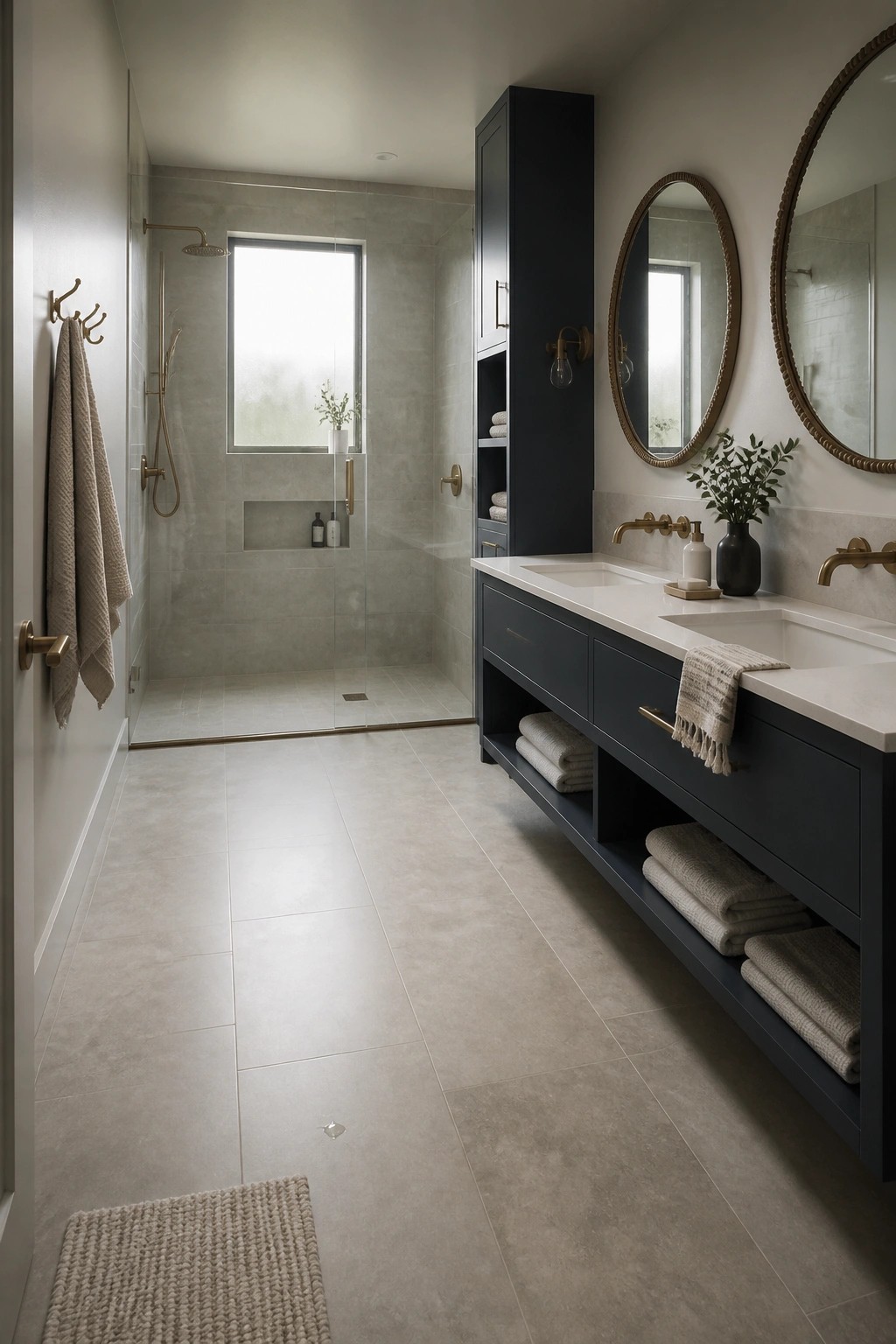 Modern bathroom interior with large light gray floor tiles, dark blue double vanity, round mirrors, and glass-enclosed shower.