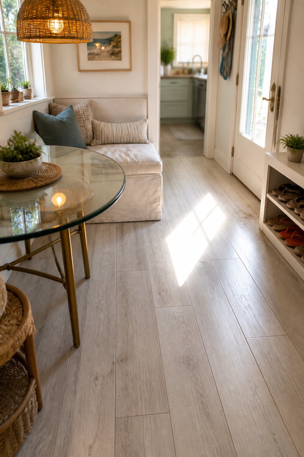 A bright interior with light gray laminate flooring, a round glass table, white sofa, and shoe storage near glass doors.