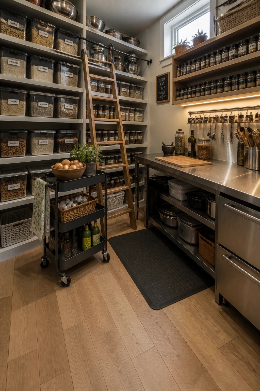 A well-organized pantry with light wood laminate flooring, open shelving filled with labeled containers, a rolling cart, and stainless steel counters.