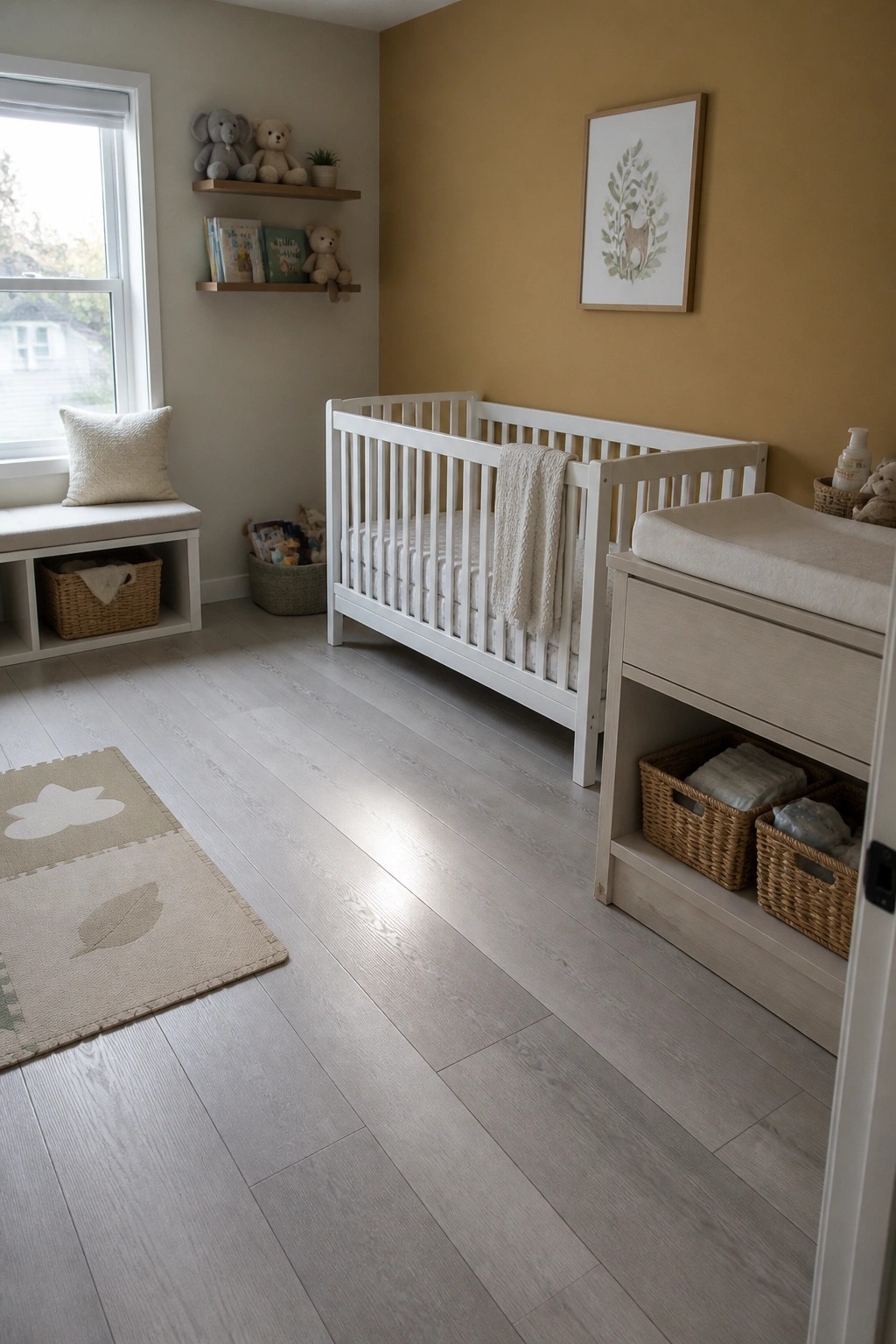 A bright nursery with a white crib, changing table, and light gray laminate flooring.