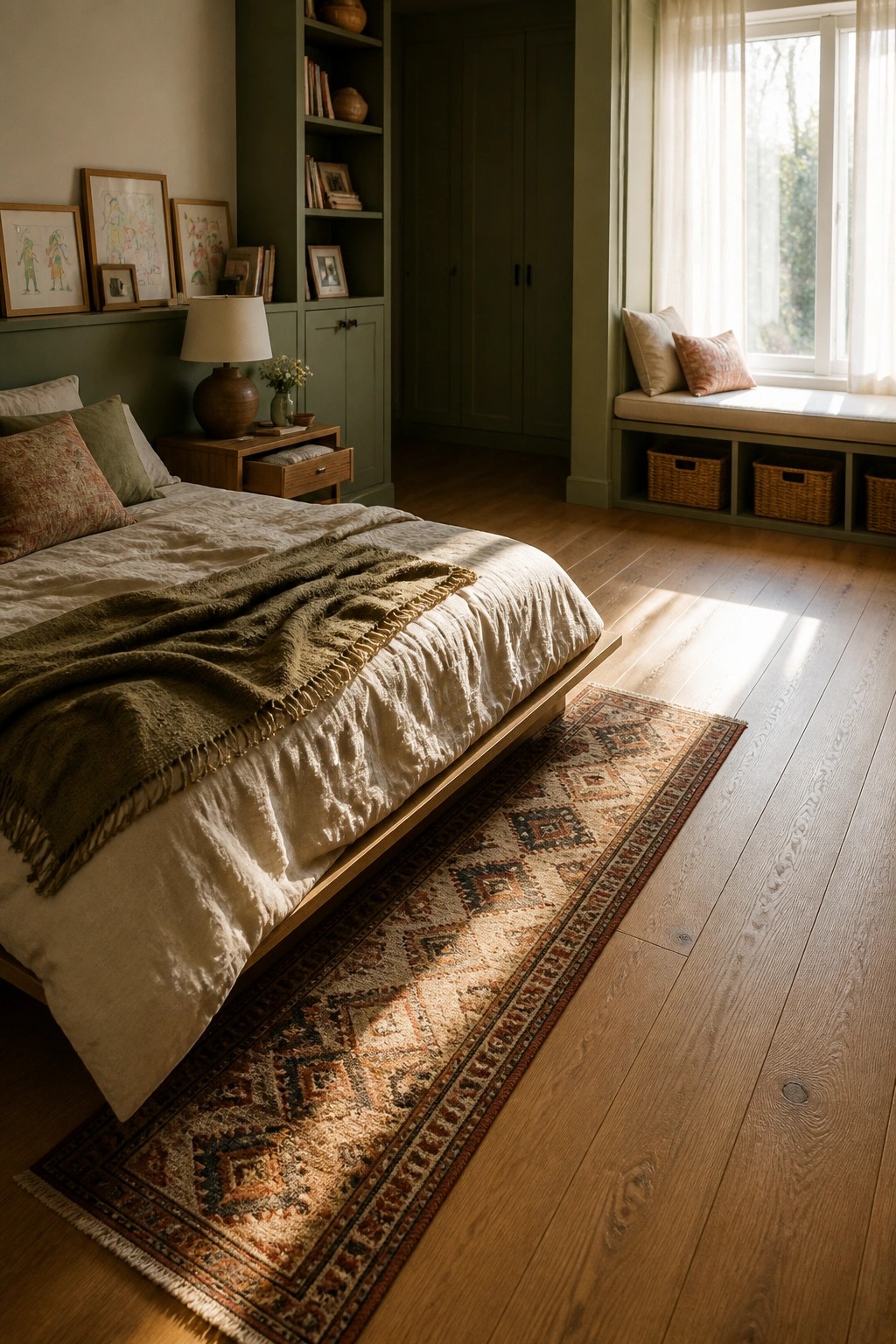 A bedroom interior with light wood laminate flooring, a patterned runner rug, a bed with white and green linens, and a large window with a window seat.