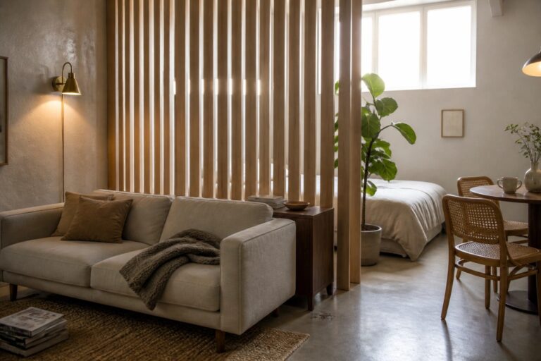 17 Practical Wood Partition Wall Ideas for Small Open Spaces A light-colored sofa sits in front of a vertical wood slat partition that divides a living area from a bedroom space with a bed and potted plant.