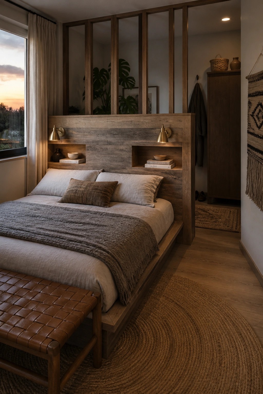 Cozy bedroom with wooden platform bed, leather bench, round jute rug, and built-in shelves.