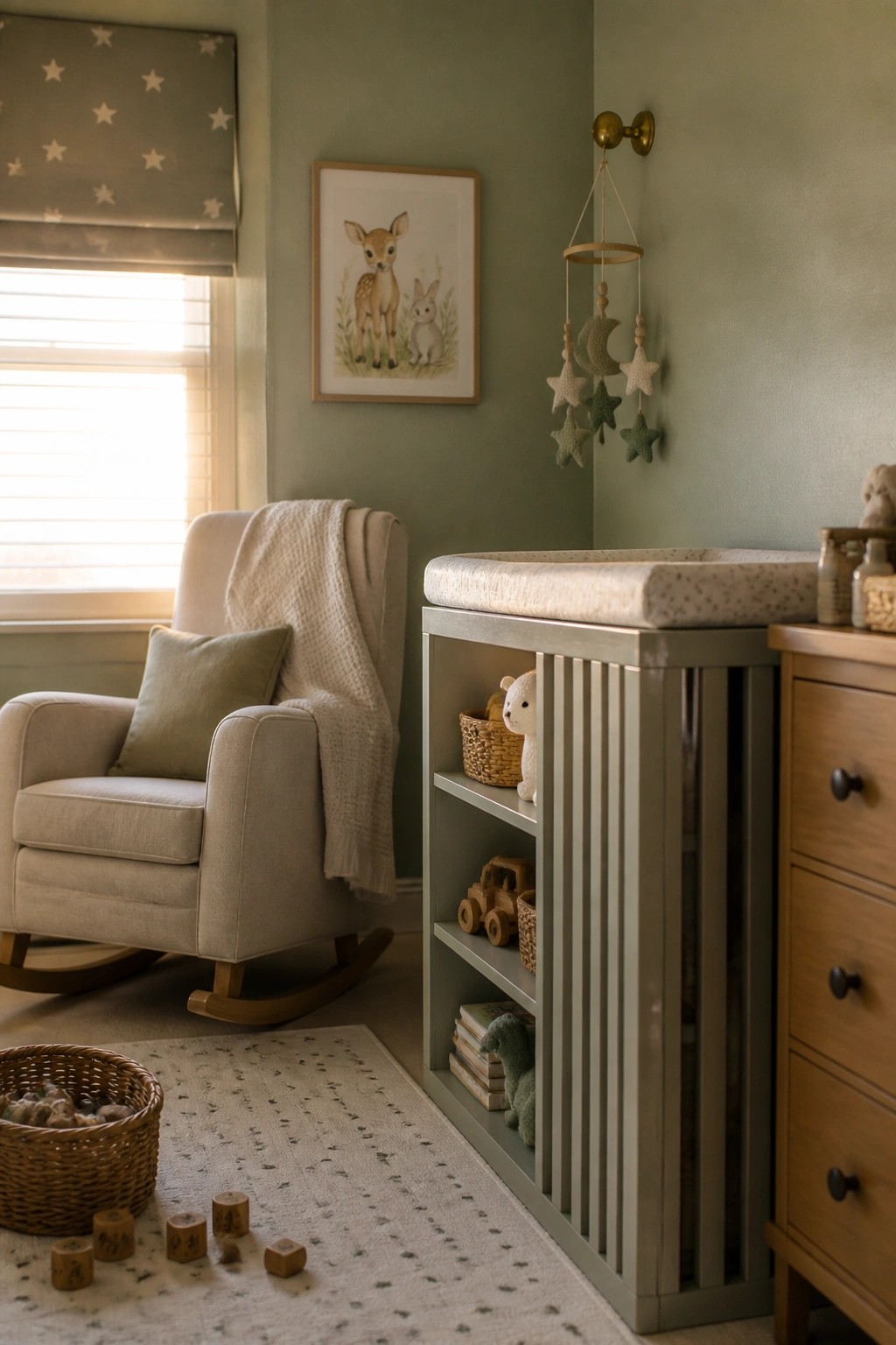 A nursery interior with a sage green changing table that has vertical wood slats and open shelves holding toys and books, placed beside a rocking chair.