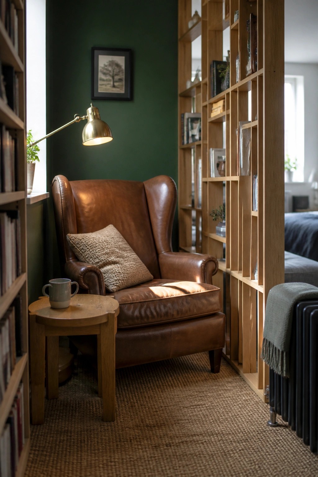 A brown leather armchair next to a tall wooden shelving unit that divides the room, with green walls and a small side table.