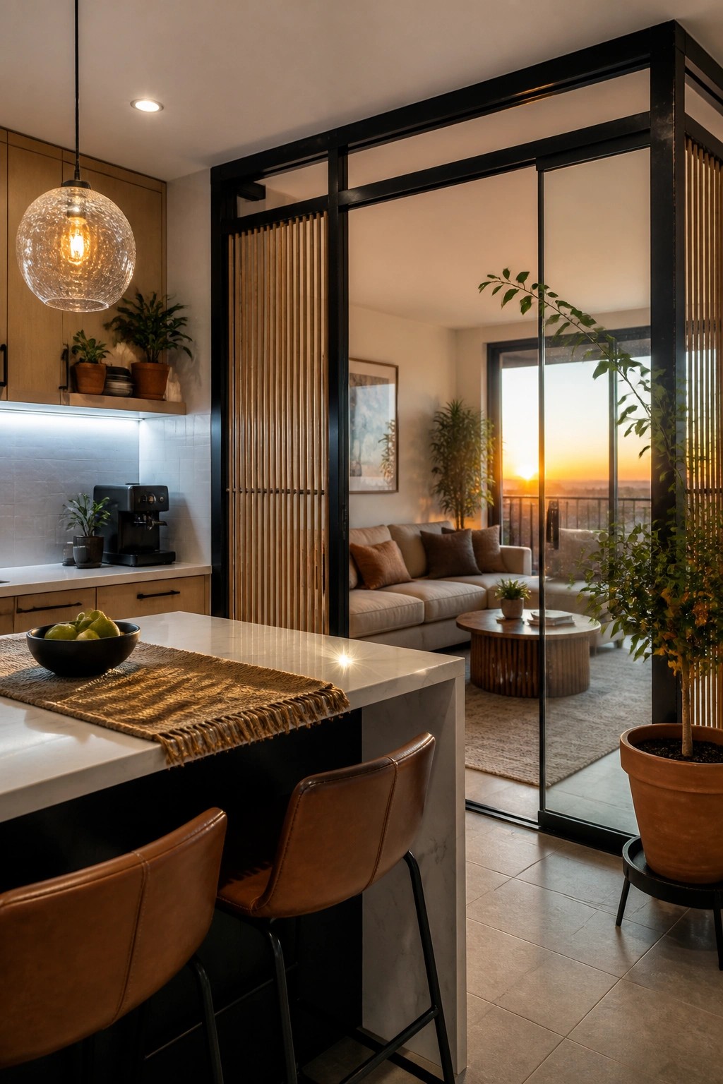 A kitchen with a marble island and brown leather stools separated from a living room by a black-framed partition featuring vertical wood slats and glass panels.