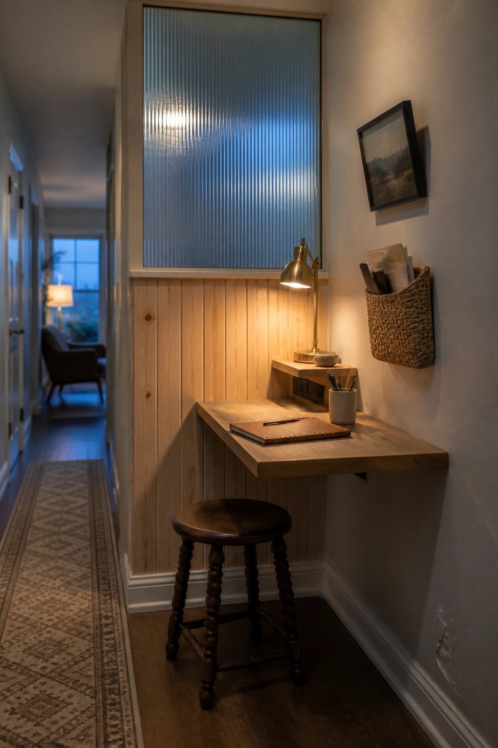 Built-in wooden desk with stool under ribbed window, lit by brass lamp