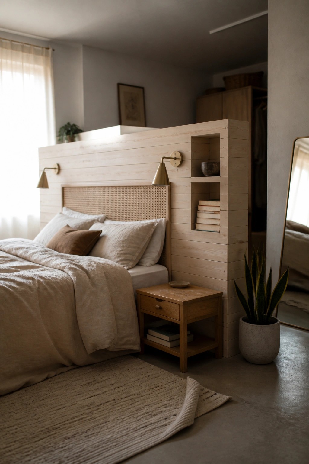 A bedroom with a light wood partition wall behind the bed that includes built-in shelves and wall sconces.