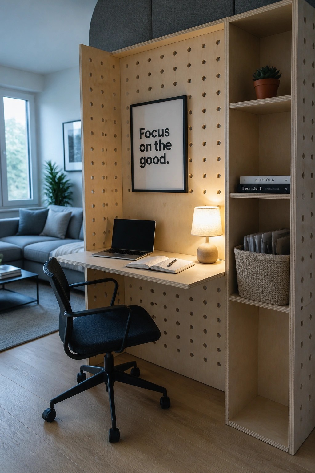 A light wood partition wall with a built-in desk, black office chair, laptop, lit table lamp, open notebook, and shelves holding books and a basket in a living room.