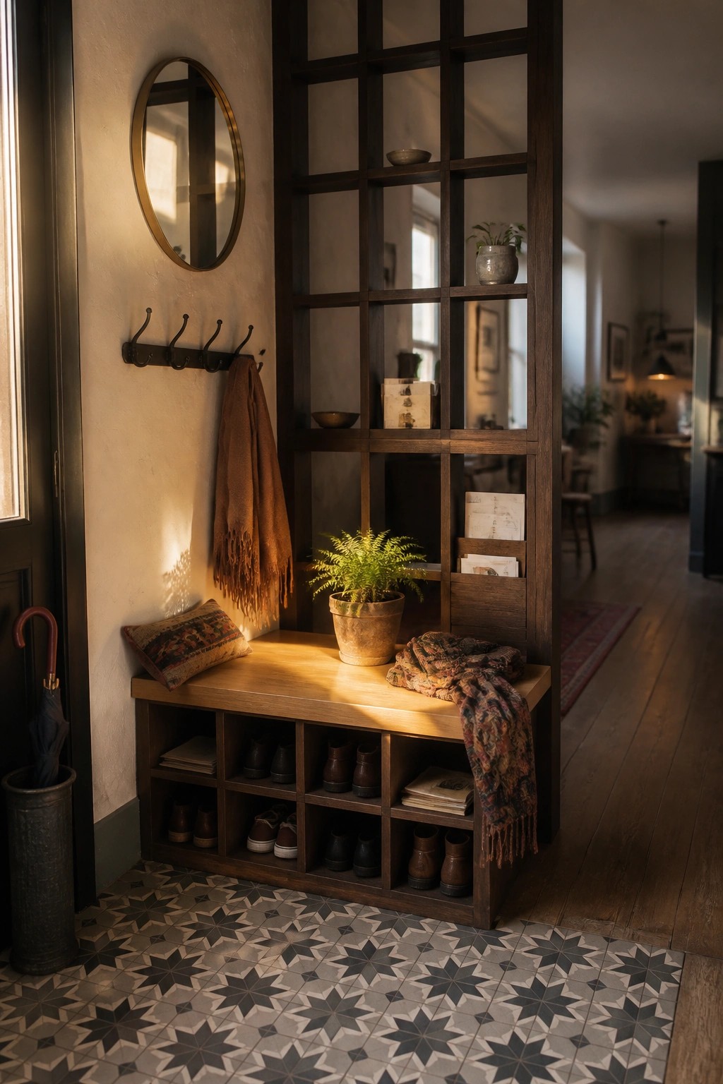 Cozy wooden entryway bench with shoe cubbies, fern, scarves, and patterned tiles