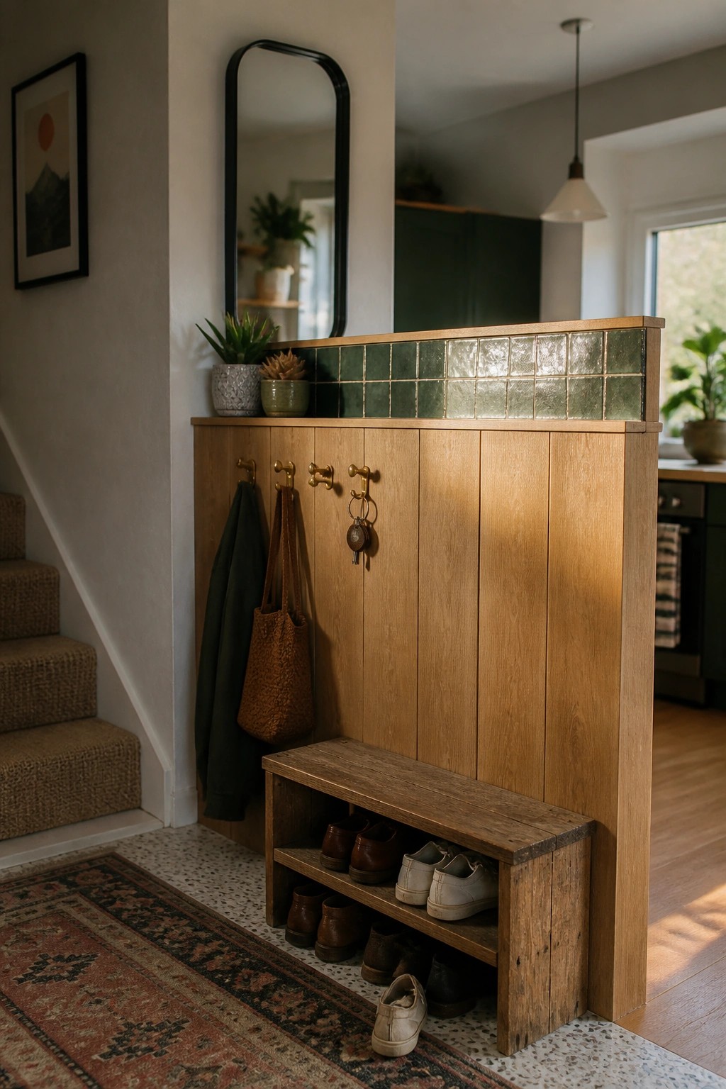 A wooden half-wall partition with hooks, a bench, and under-bench shoe storage in a home entryway next to a staircase.