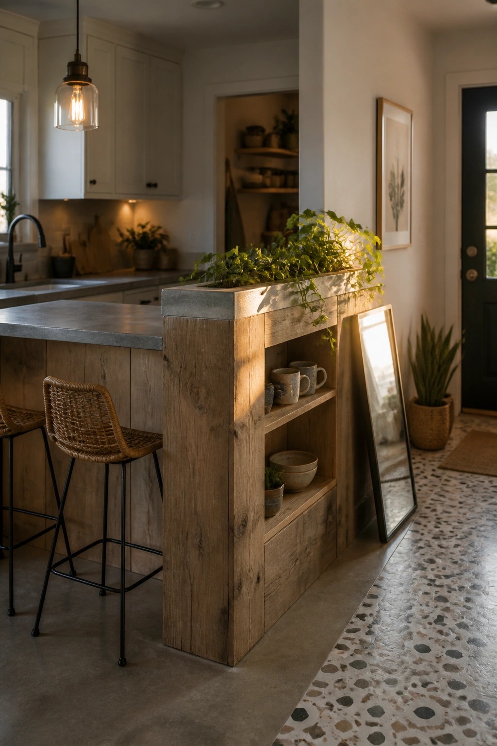 Rustic wooden kitchen island with plant box, shelves, concrete top, and woven stools