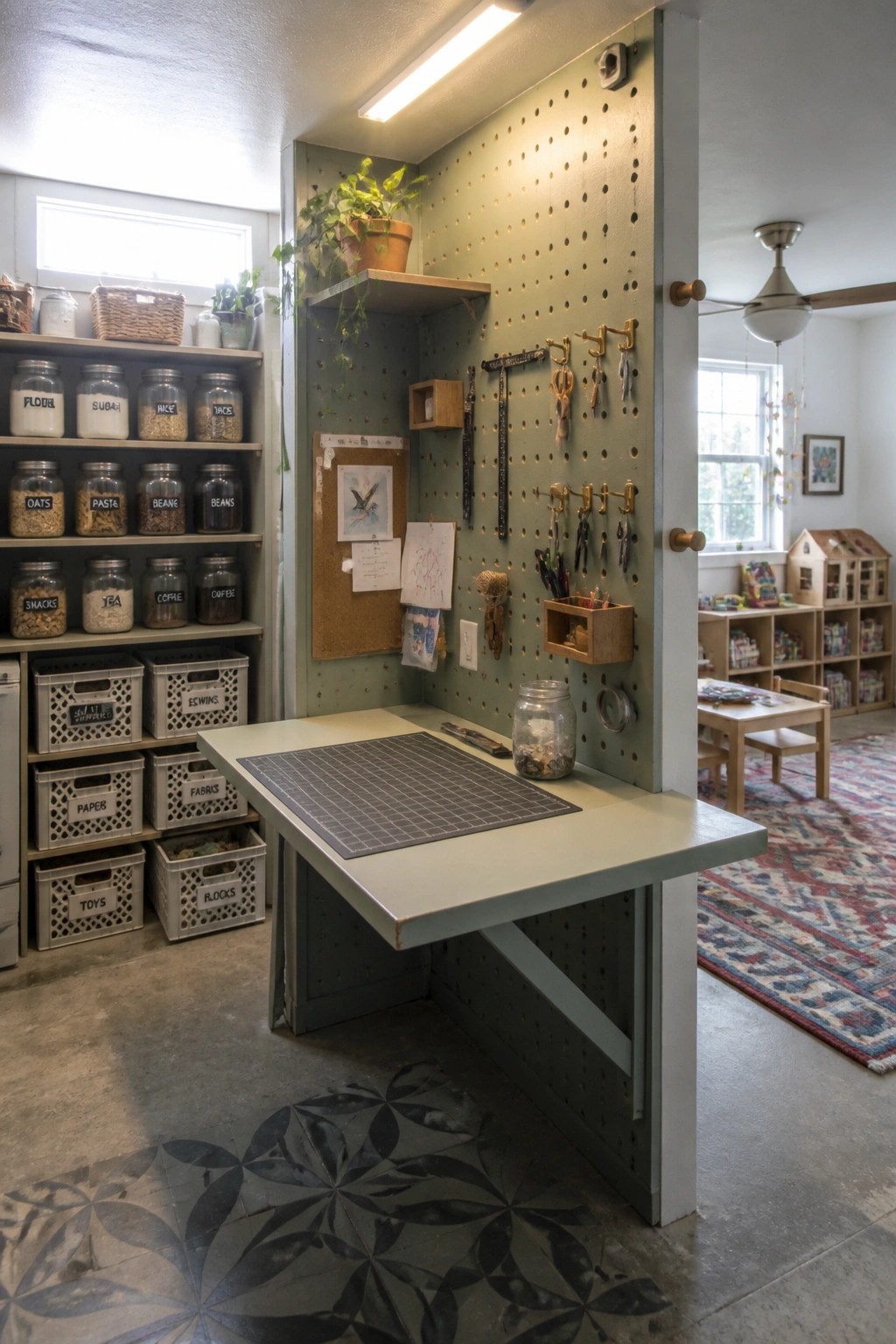 A sage green wooden partition wall with an attached desk, pegboard storage holding tools, and shelves in a home craft room.