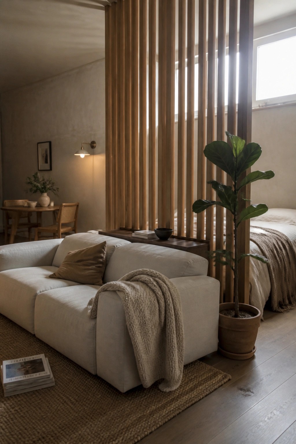 A light-colored sofa sits in front of a vertical wood slat partition that divides a living area from a bedroom space with a bed and potted plant.