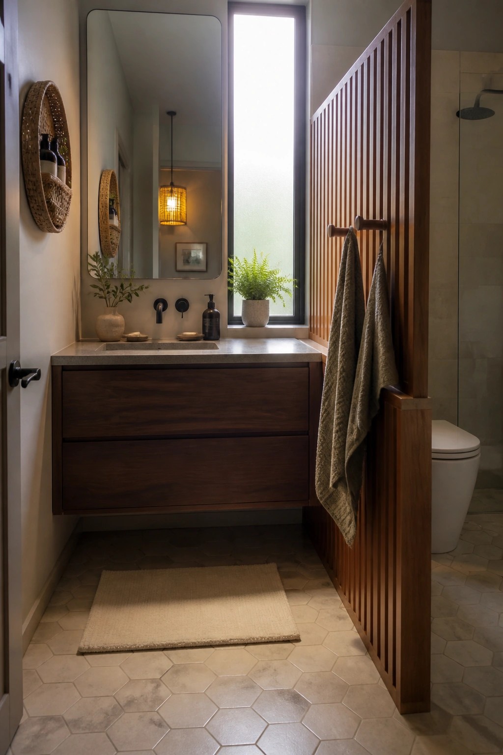 A modern bathroom interior featuring a floating dark wood vanity, large mirror, tall window, and a vertical wood slat partition wall beside the toilet with towels hanging on it.