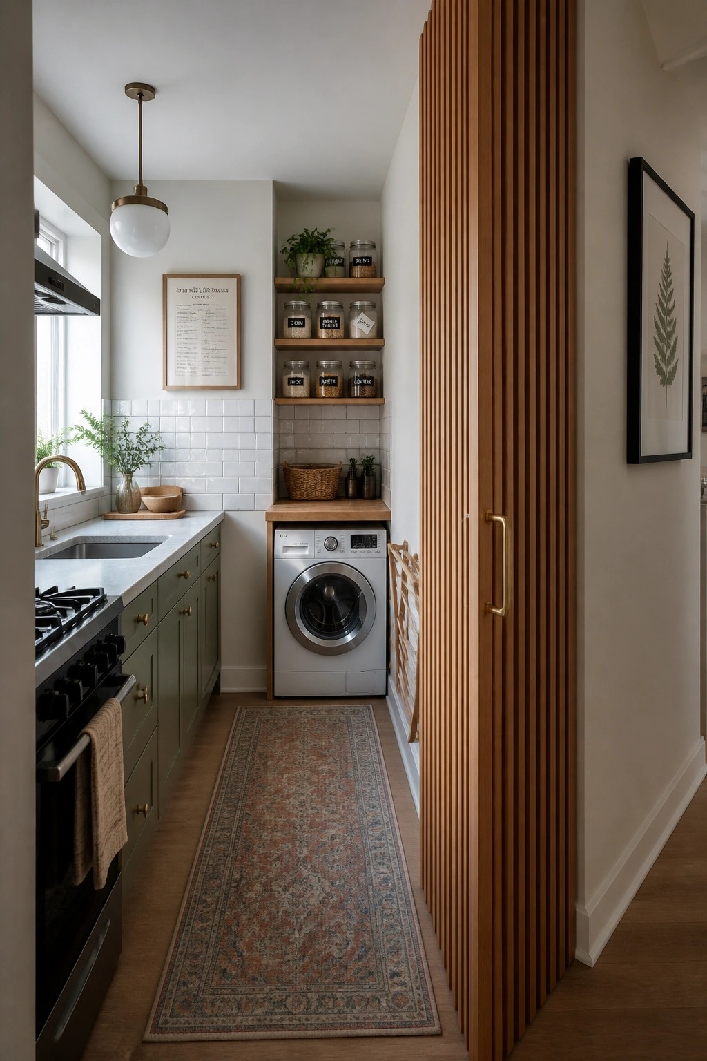 A narrow kitchen with green cabinets, a stainless steel sink, and a front-loading washing machine beneath open wooden shelves, separated from the hallway by a tall vertical wood slat partition wall.