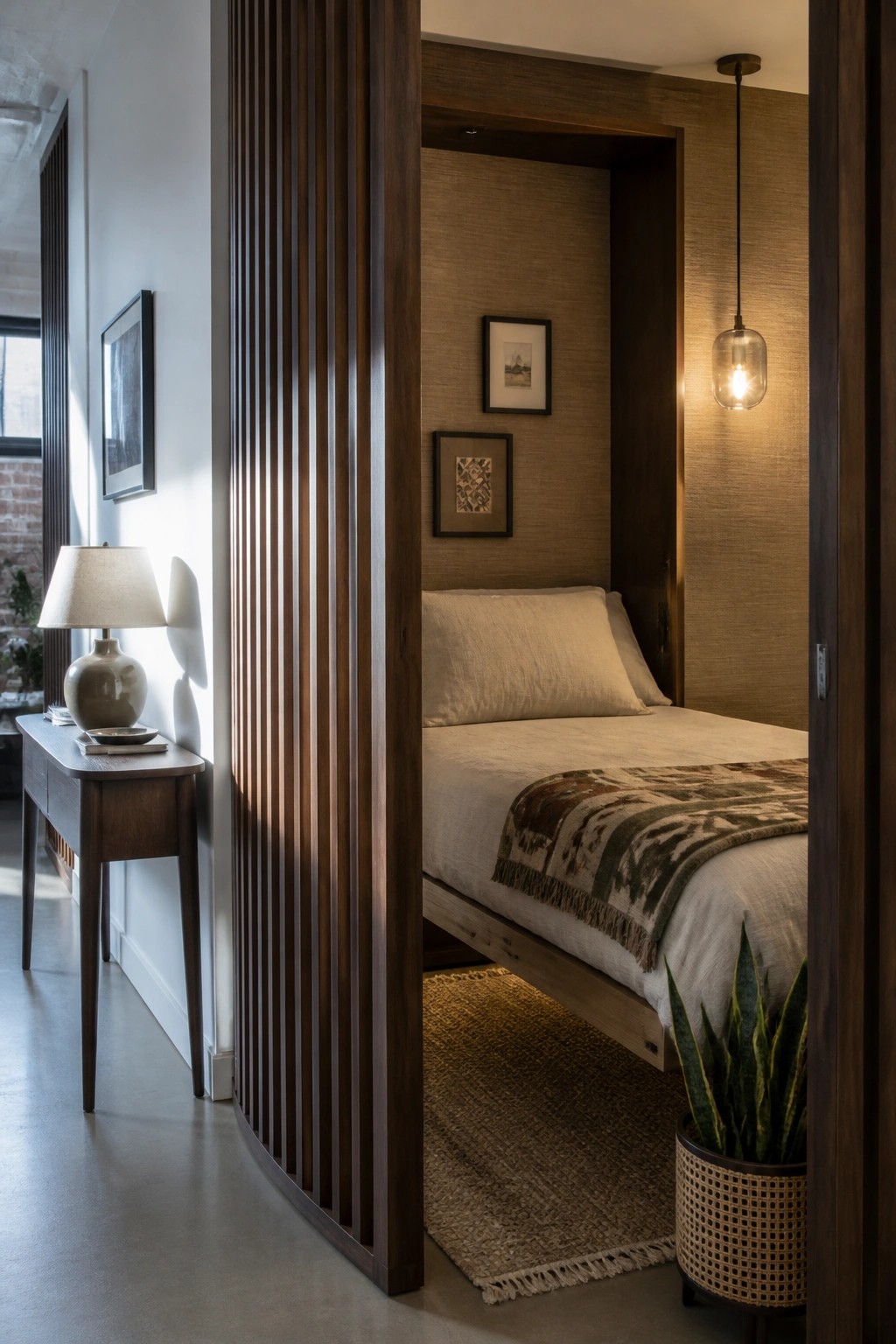 A bedroom alcove with a bed and wooden slat partition wall separating it from a hallway area with a side table and lamp.