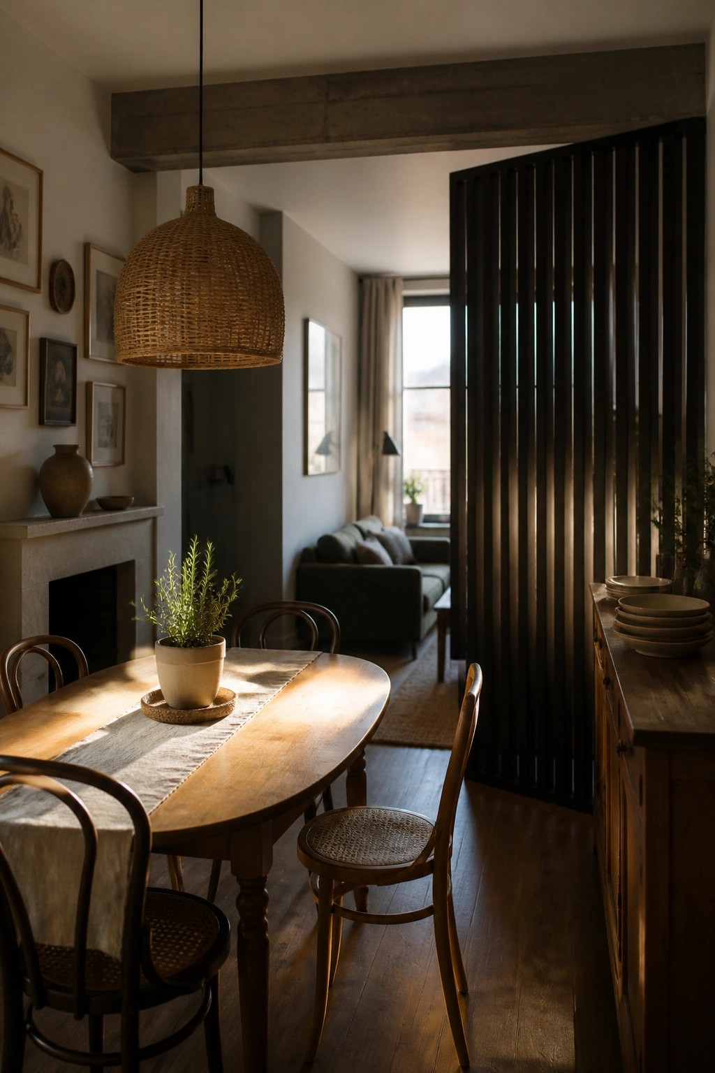 A dining area with a wooden table and chairs is separated from a living space by a tall vertical wood slat partition wall.