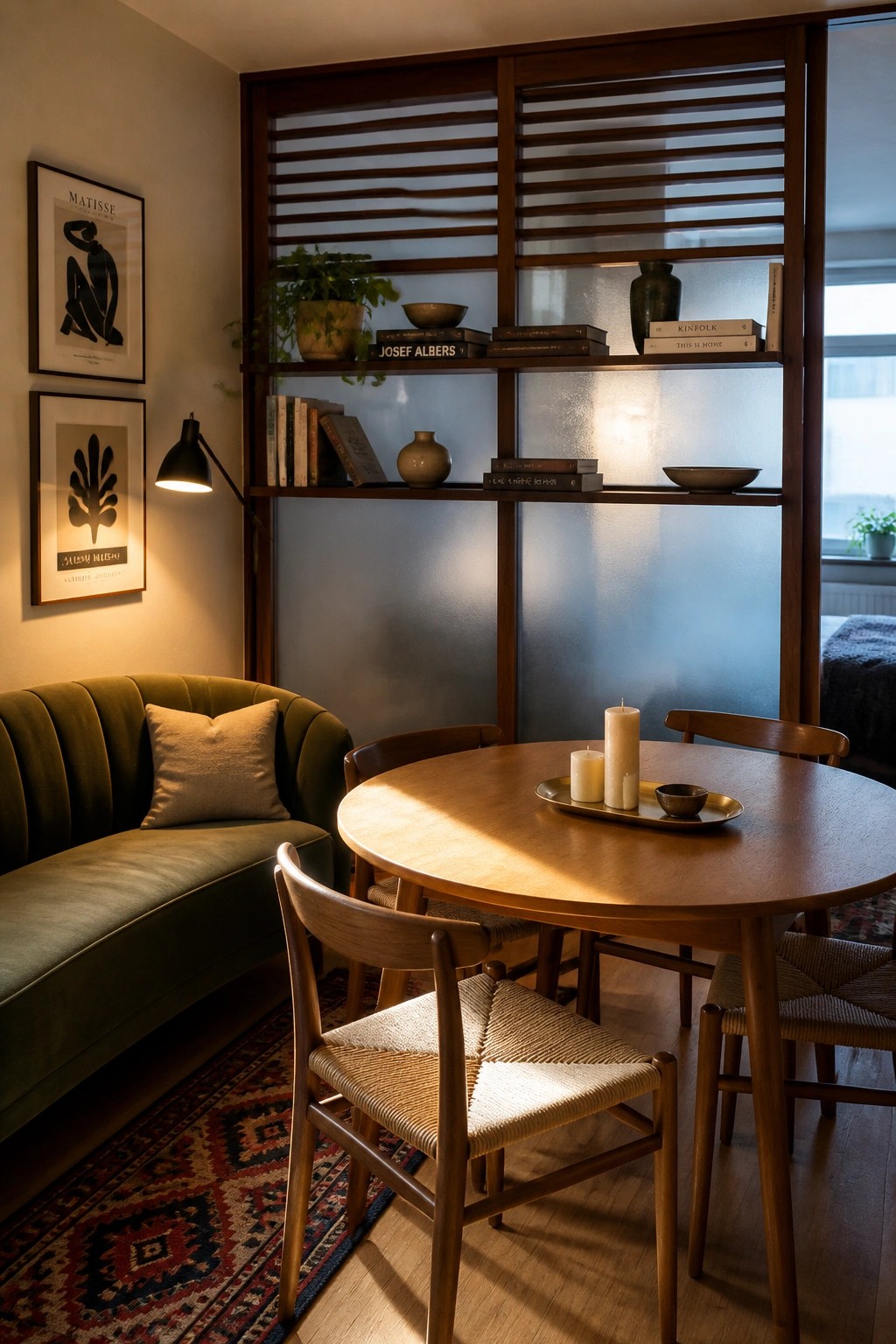 Cozy dining area with round wooden table, woven chairs, green velvet sofa, and shelves.