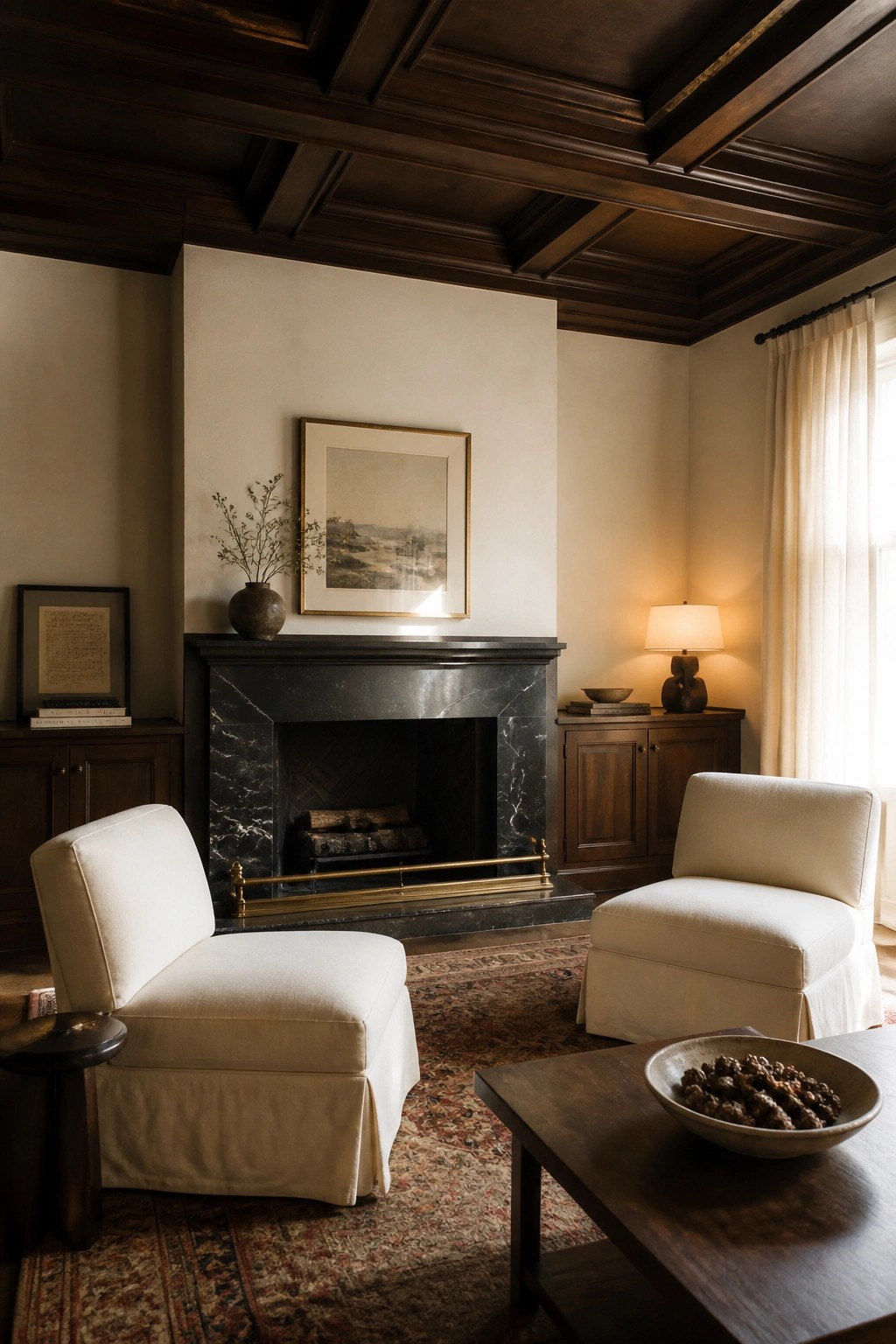 Interior view of a room with a dark wood tray ceiling, black marble fireplace, framed artwork above the mantel, and two white upholstered chairs on a patterned rug.