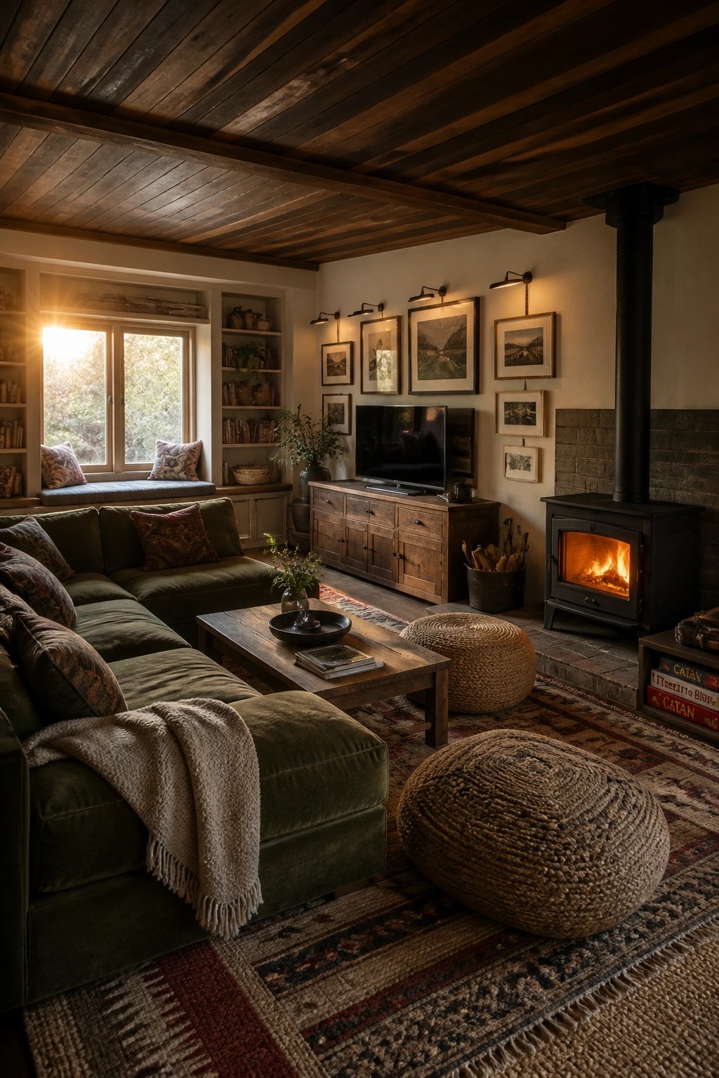 A living room with a dark wood tray ceiling featuring exposed beams, green sectional sofa, wooden coffee table, woven ottomans, and a wood-burning stove on the right.