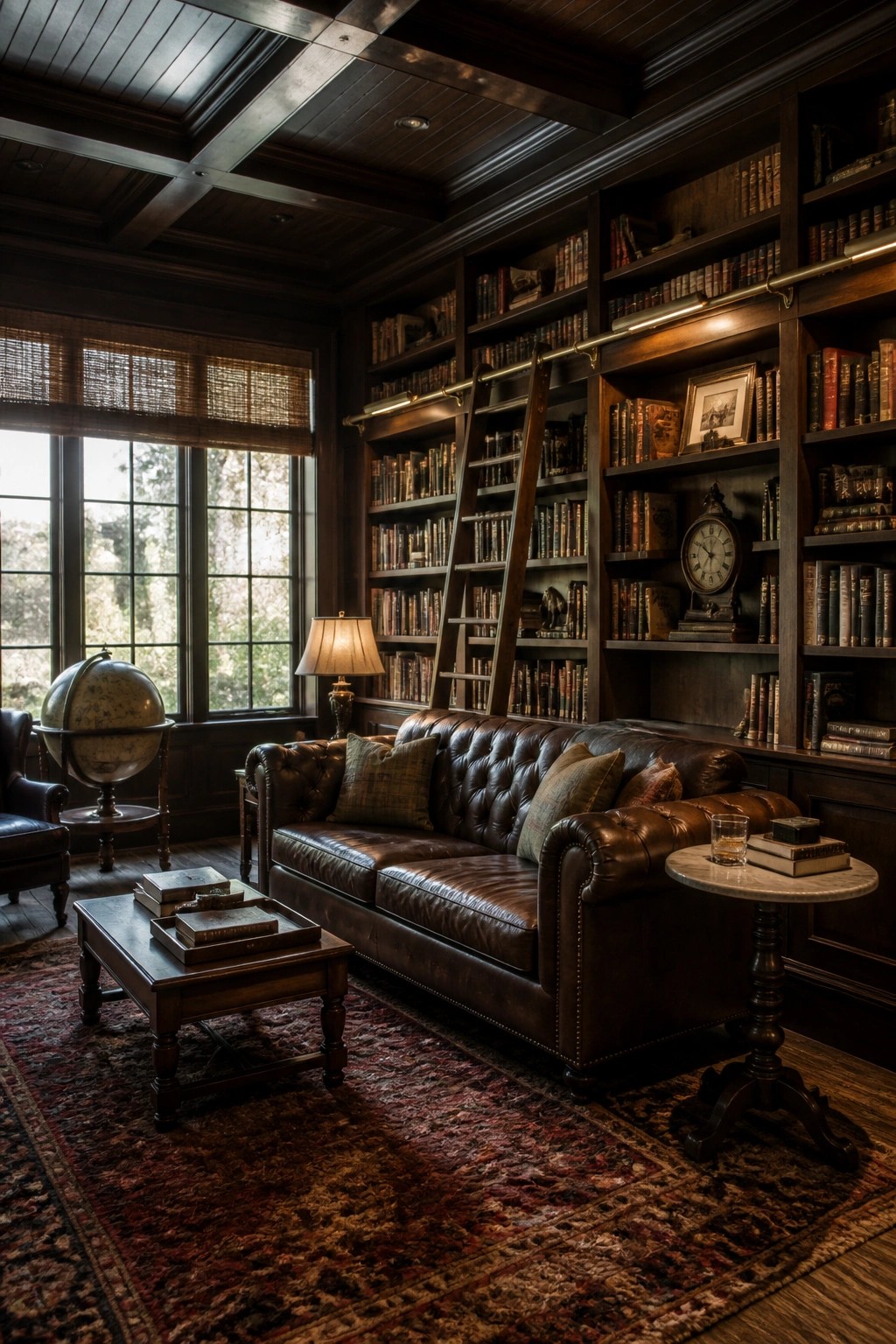 A traditional library interior with a dark wood tray ceiling, floor-to-ceiling bookshelves, a rolling ladder, and a brown leather sofa on a patterned rug.
