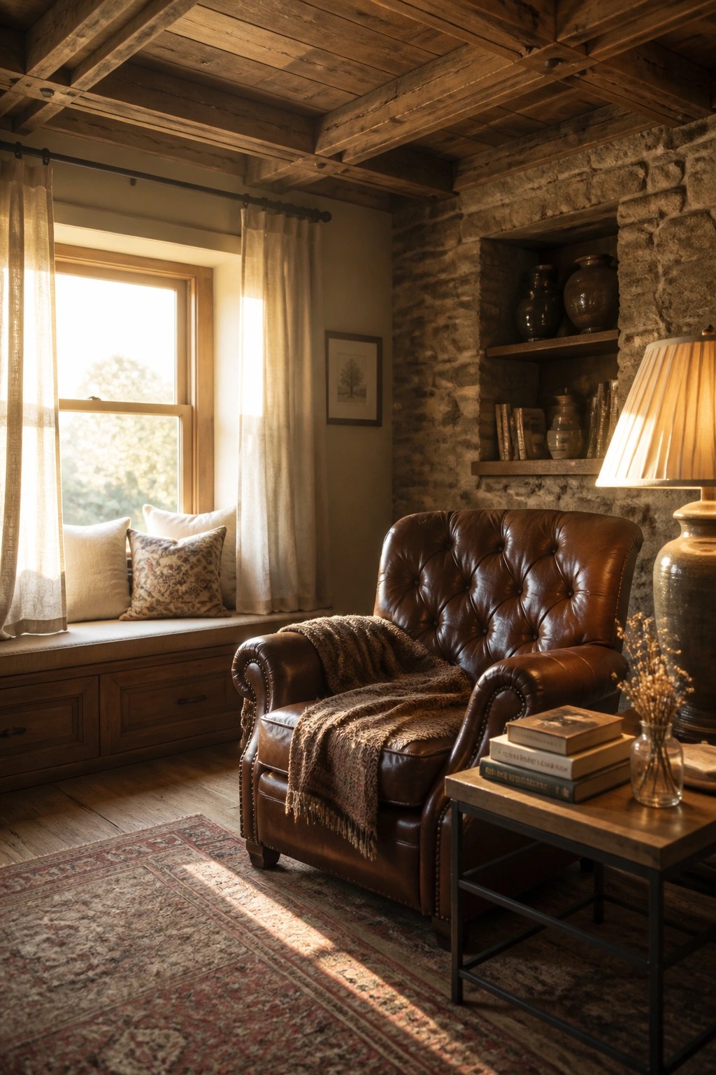 Cozy sunlit room with brown leather armchair, stone wall, and wooden beams