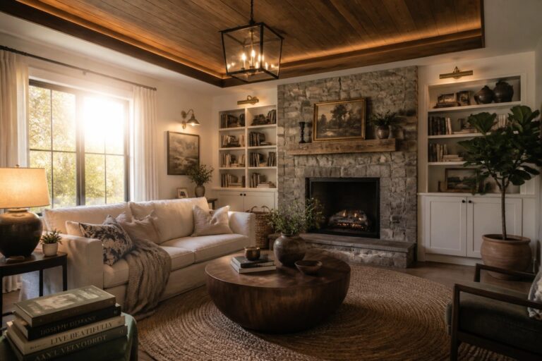 A living room with a dark wood tray ceiling, white sofa, stone fireplace, and round wooden coffee table on a jute rug.