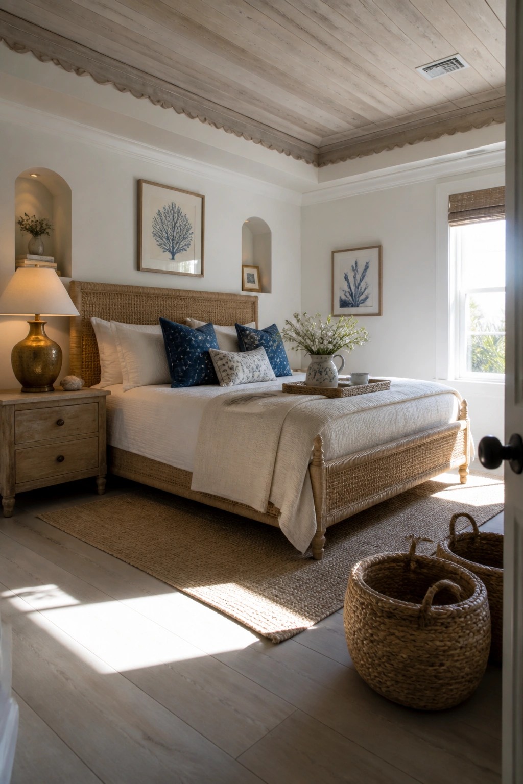 A bedroom with a light wood tray ceiling, woven headboard, white bedding, and woven baskets on the floor.