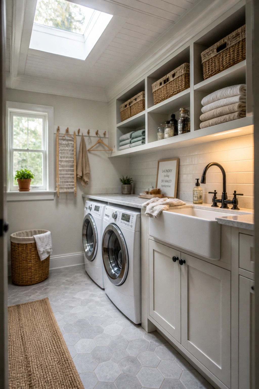 A bright laundry room with white cabinetry, two front-loading washers, open shelving holding woven baskets and folded towels, a farmhouse sink, and a white wood tray ceiling with a skylight.