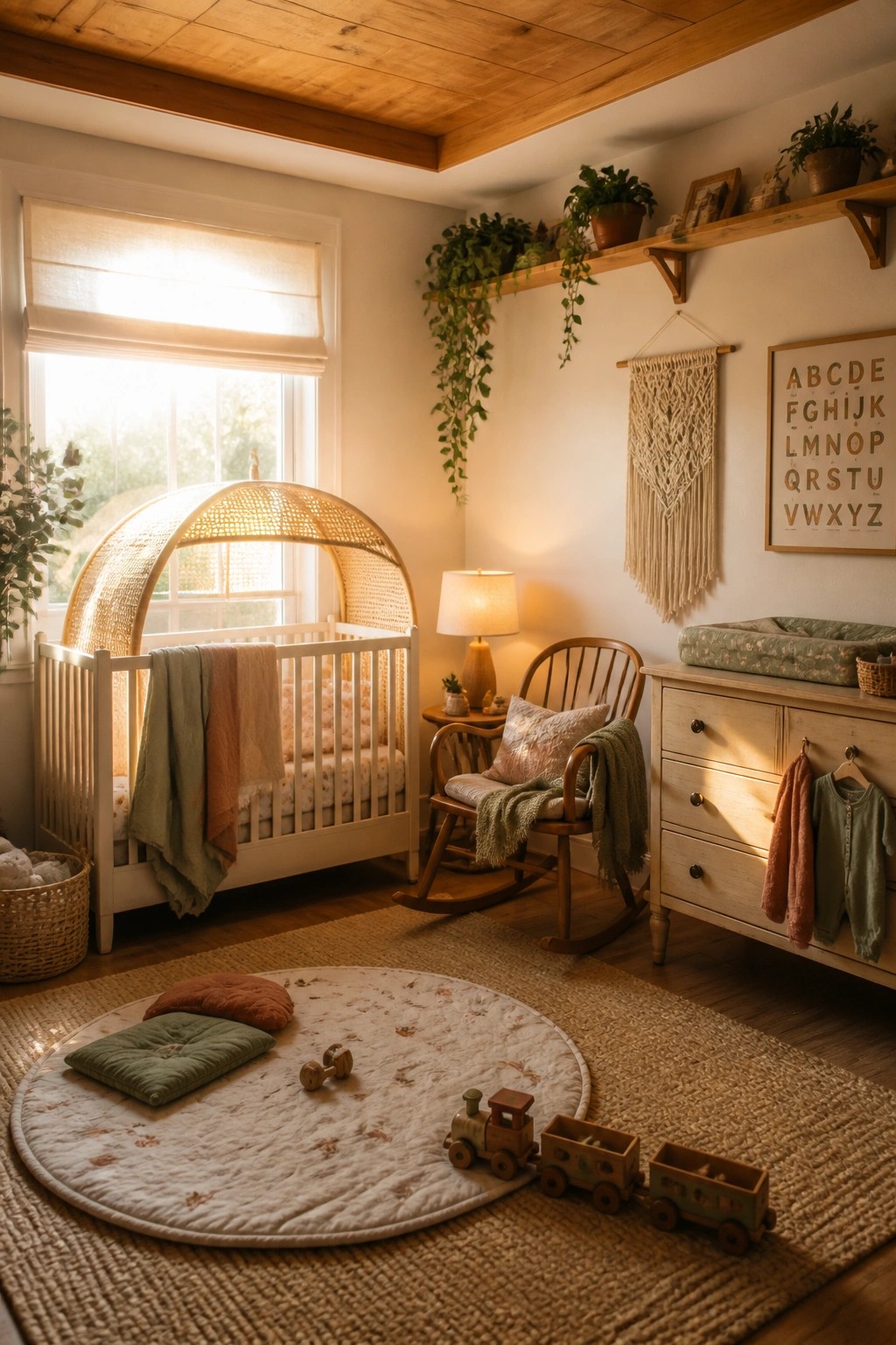 A bright nursery with a white crib under a wood tray ceiling, a rocking chair, wooden dresser, and a round play mat on a woven rug.