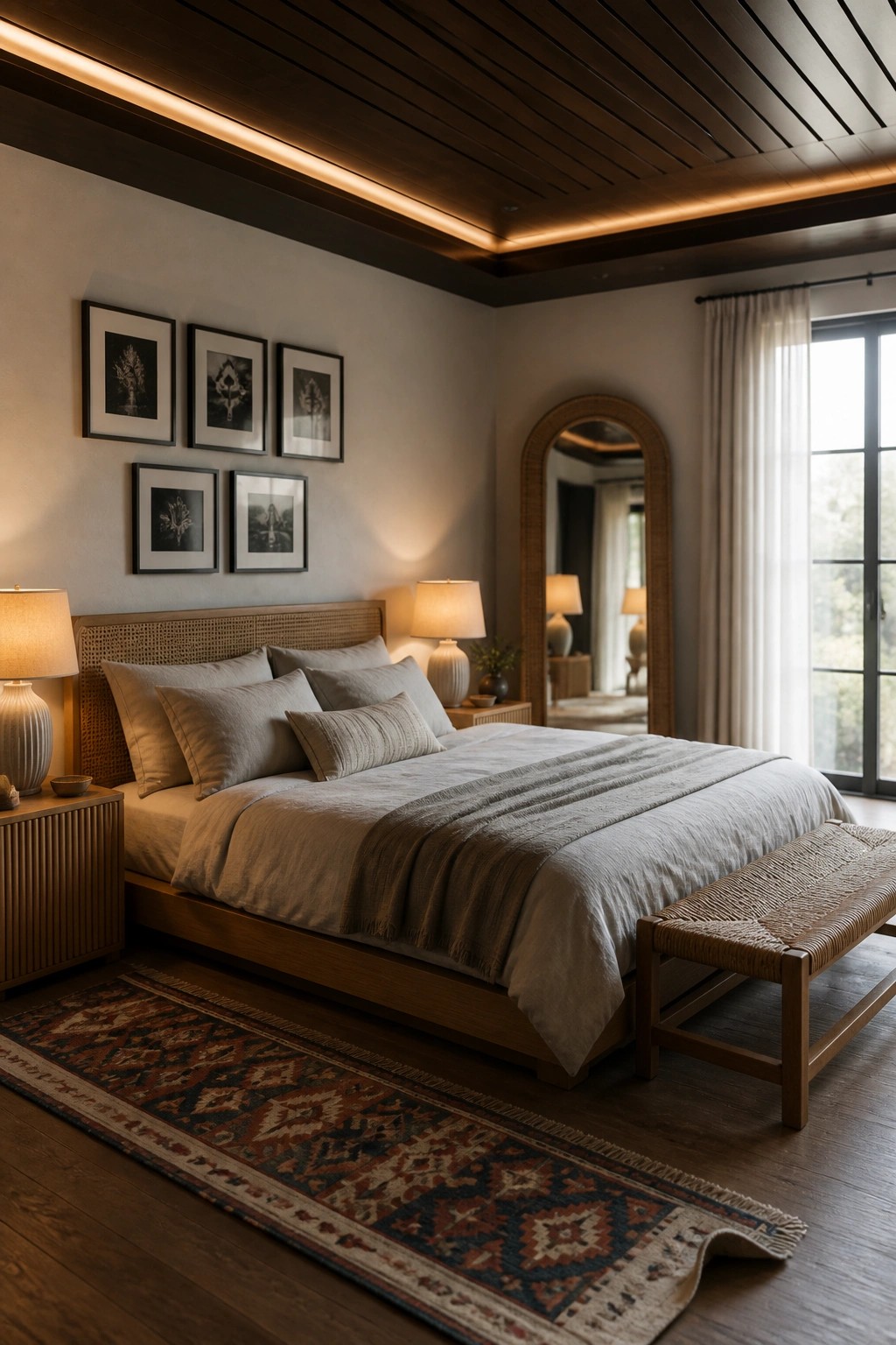 A bedroom with a dark wood tray ceiling that has recessed perimeter lighting, a large bed with neutral bedding, nightstands with lamps, and an arched mirror on the right wall.
