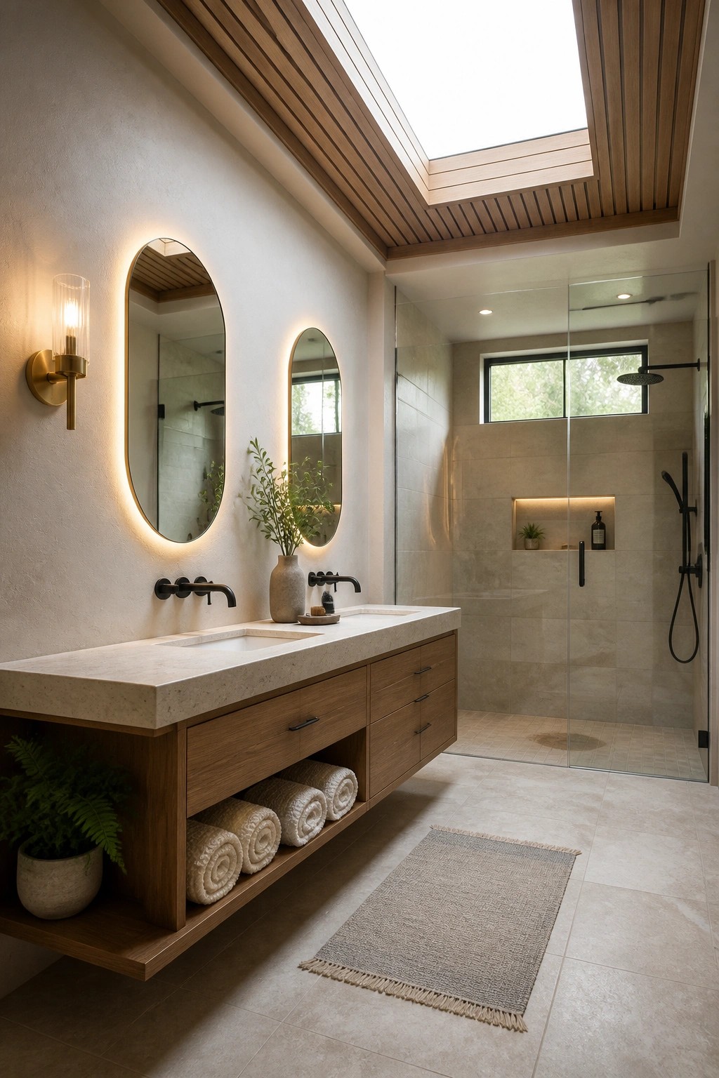 A modern bathroom with a wood tray ceiling and skylight above a floating double vanity and glass shower.