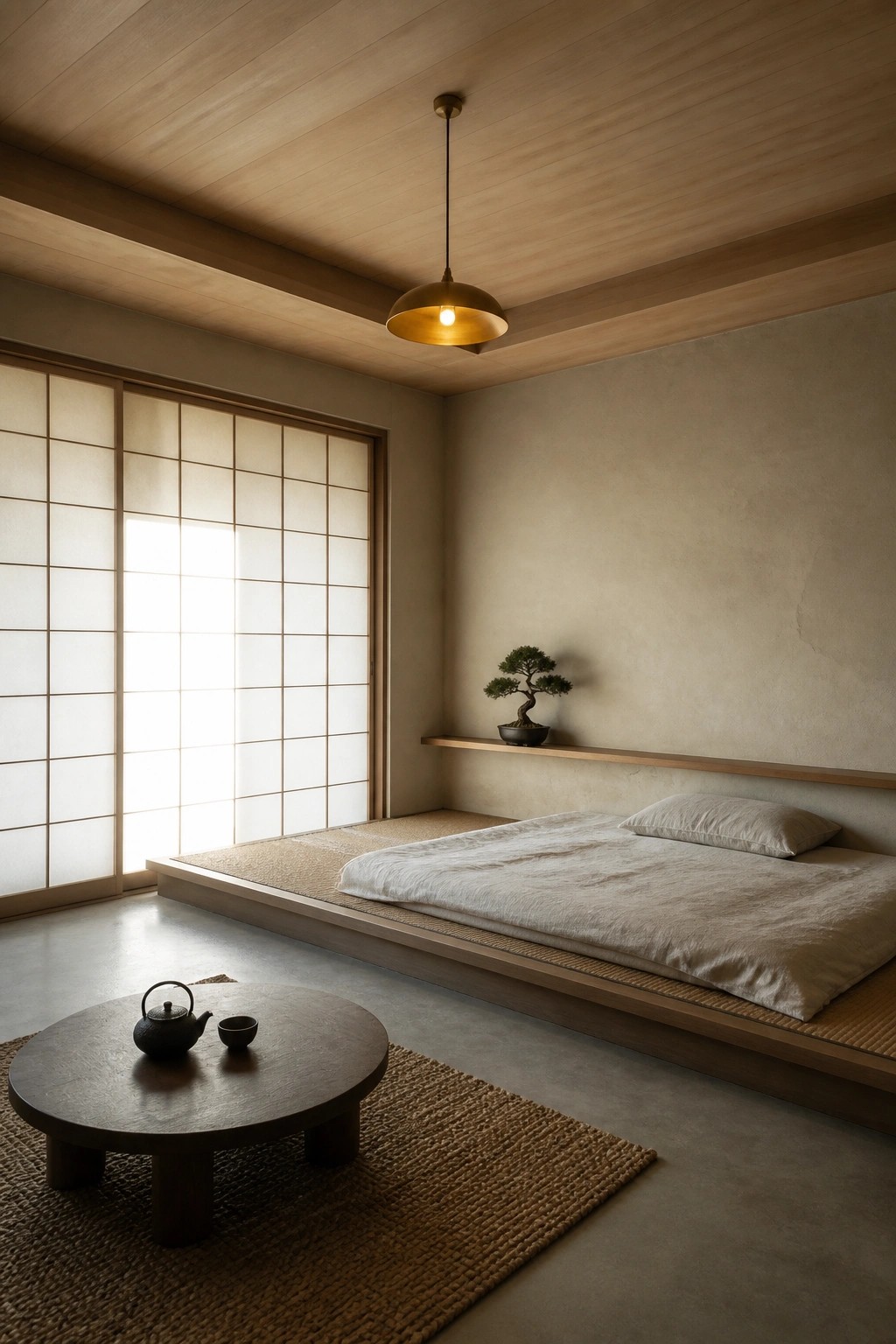 A minimalist Japanese-style bedroom with a recessed wooden tray ceiling, shoji screens on the left, a low platform bed on tatami mats, and a small bonsai on a wall shelf.