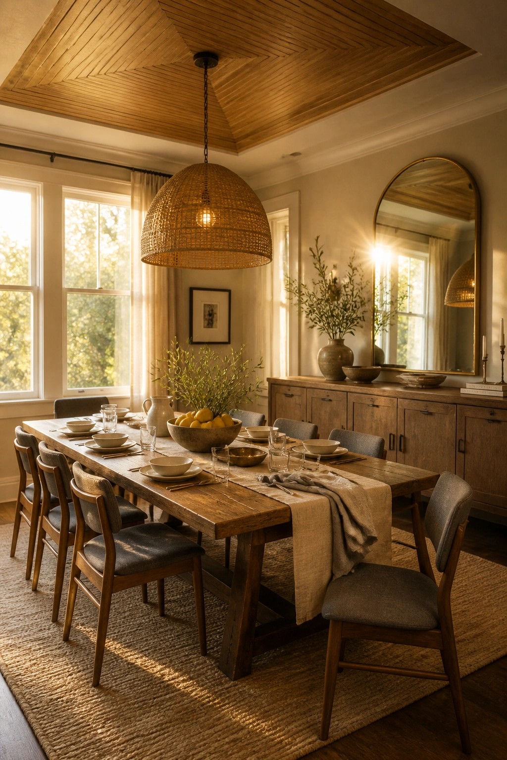 A dining room with a wood tray ceiling, a large woven pendant light, and a long wooden table set with chairs on a woven rug.