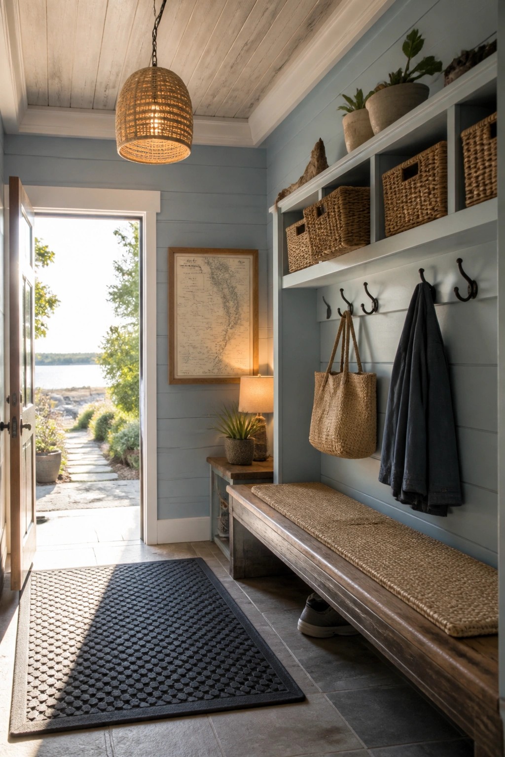 An entryway interior with a whitewashed wood tray ceiling, light blue walls, a wooden bench, and open shelving holding baskets.