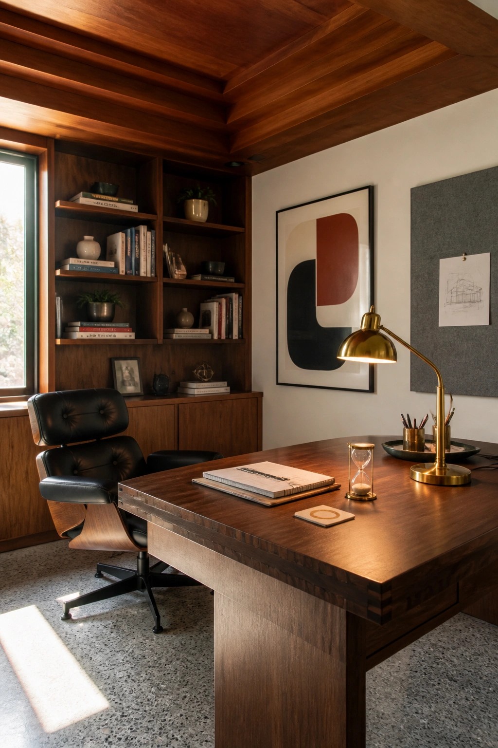 A home office featuring a dark wood tray ceiling, built-in wooden bookshelves along one wall, a large wooden desk, and a black leather office chair.