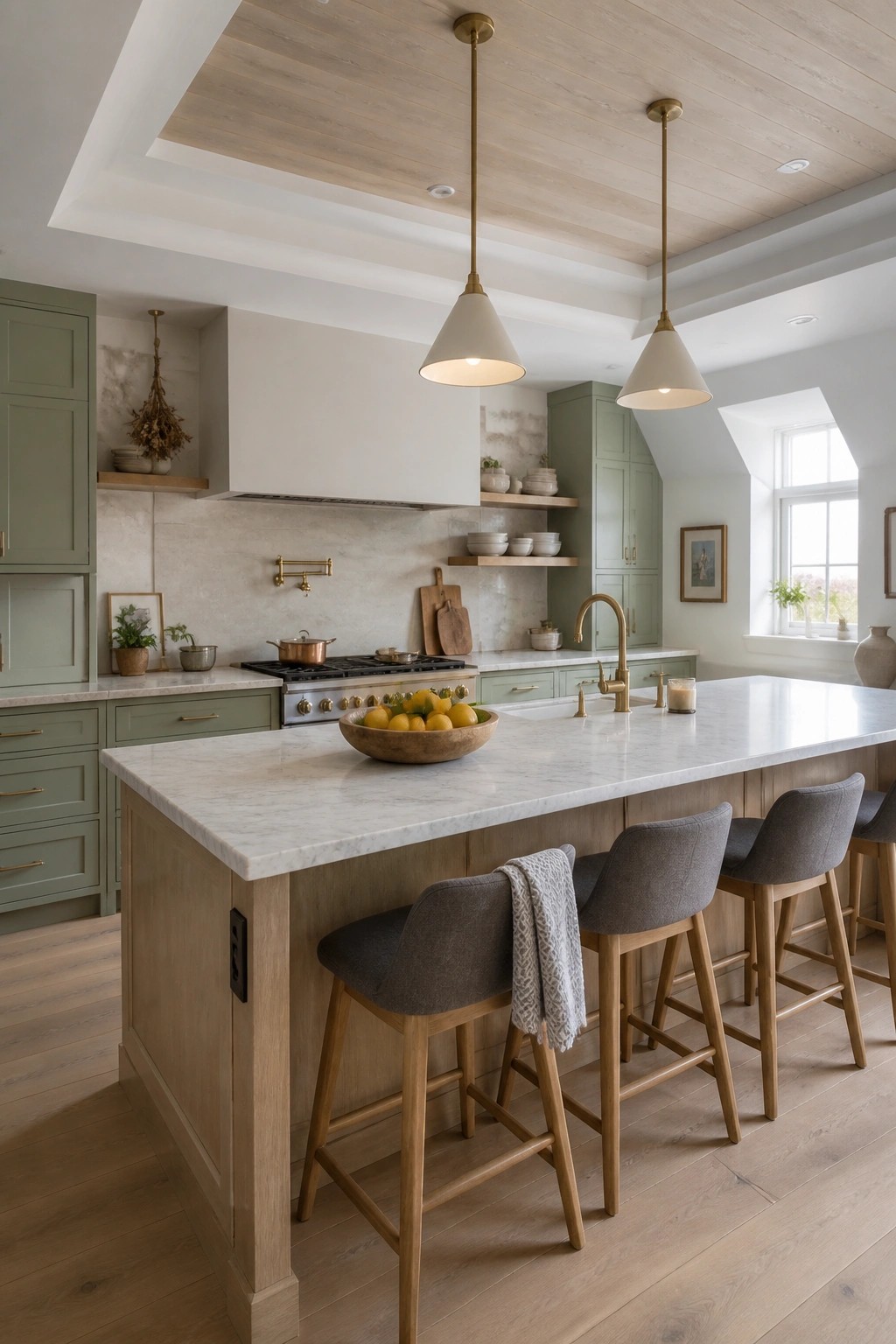 A modern kitchen featuring a light wood tray ceiling, green cabinetry, a large marble island with bar stools, and brass pendant lights.