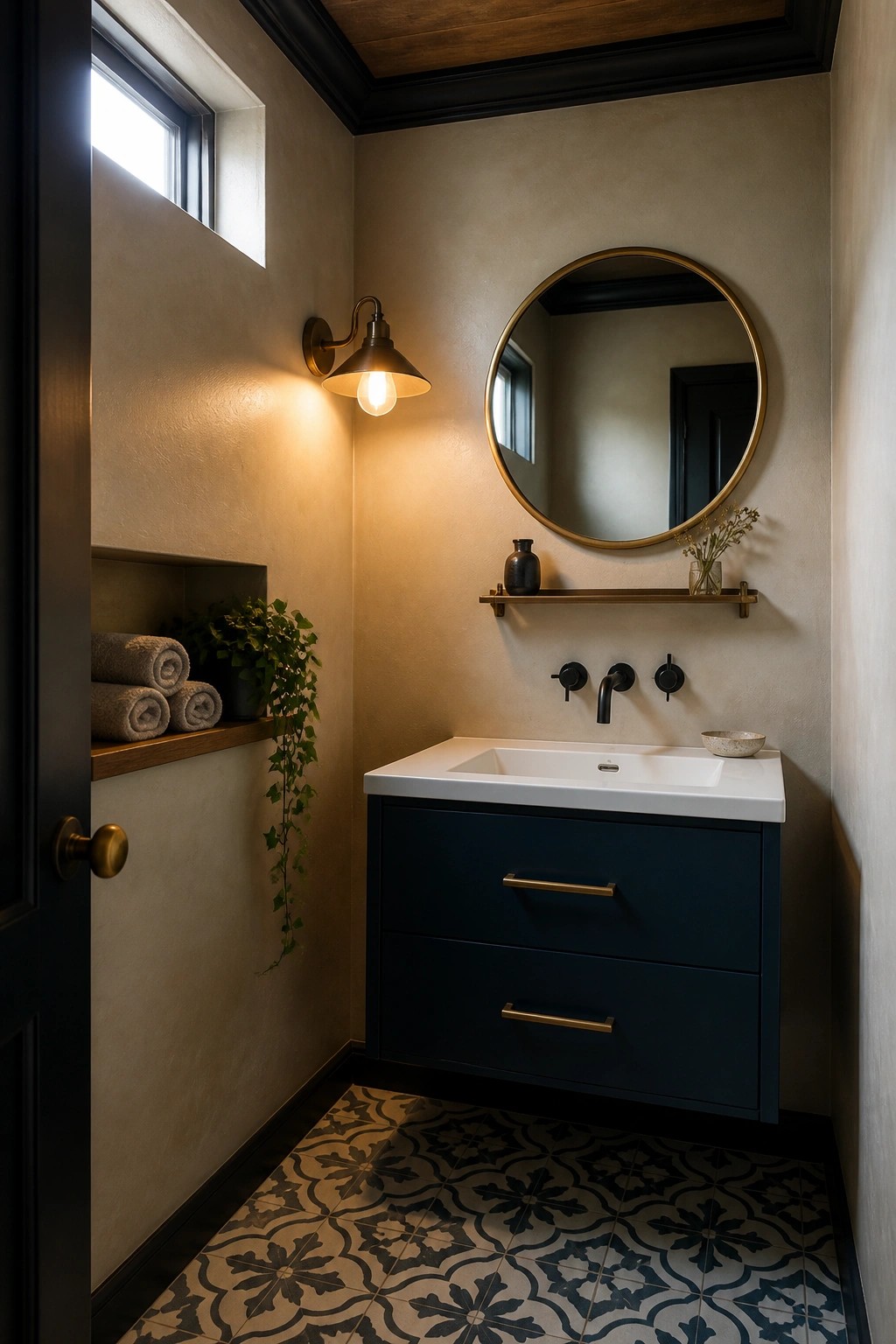 Interior of a small bathroom with a wood tray ceiling, dark trim, navy vanity, round mirror, and patterned floor tiles.