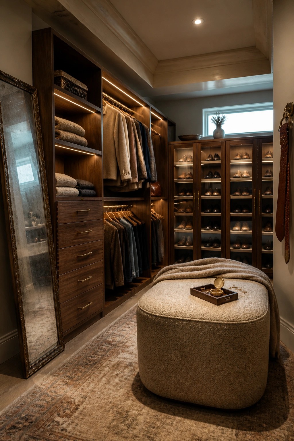 A spacious walk-in closet with dark wood cabinetry, a tray ceiling with recessed lighting, hanging clothes, shoe display cases, and a large upholstered ottoman in the center.