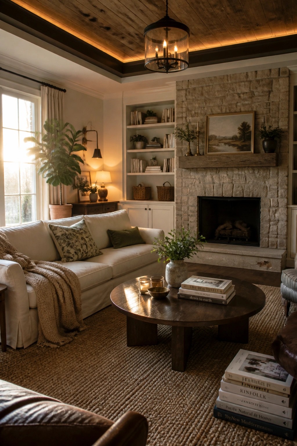 A living room with a dark wood tray ceiling, white sofa, stone fireplace, and round wooden coffee table on a jute rug.