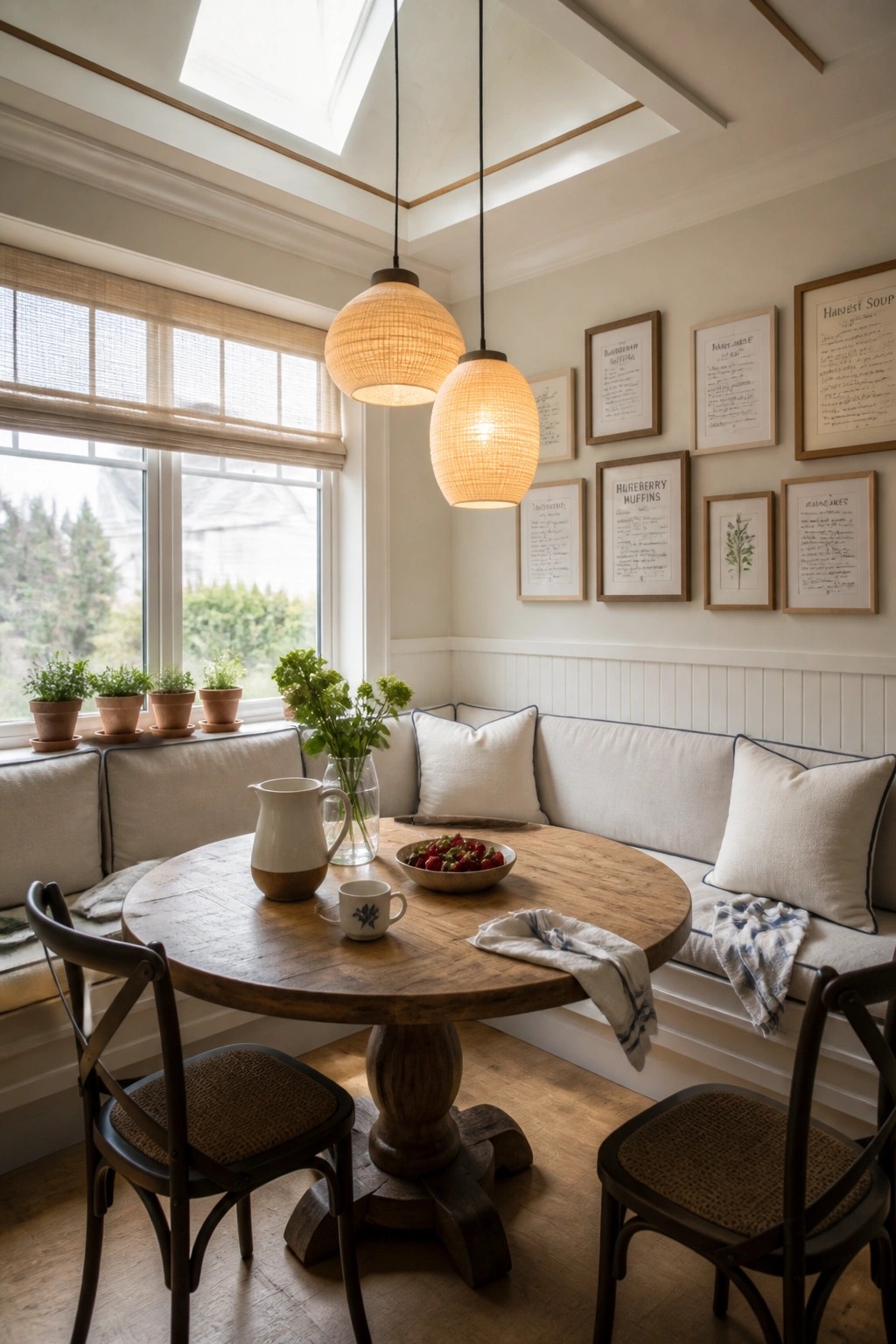 A bright dining nook with a round wooden table, built-in bench seating along the walls, two woven pendant lights, and a tray ceiling featuring wood trim and a skylight.