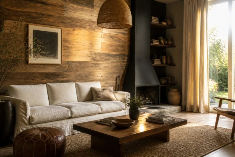 18 Timeless Reclaimed Wood Wall Ideas for Warm Rustic Interiors A living room with a large reclaimed wood accent wall, black fireplace insert, white sofa, wooden coffee table on a jute rug, and woven pendant light.