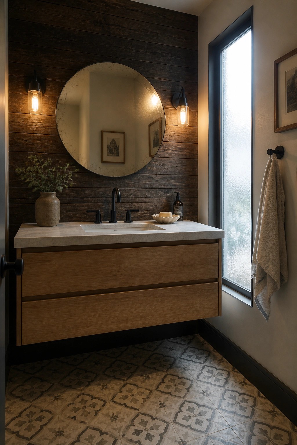 A bathroom with a floating wood vanity, round mirror, and dark reclaimed wood accent wall above the sink area.