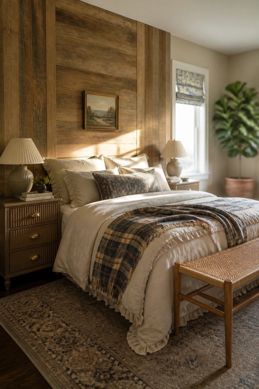 A bedroom with a vertical reclaimed wood accent wall behind a bed dressed in neutral linens and a plaid throw blanket.